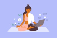 a woman meditating with a laptop on her lap