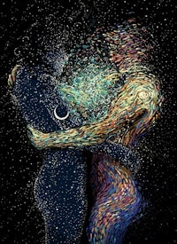 a painting of two people hugging in the night sky